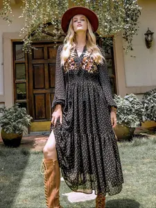 Plus Floral Dot Embroidered Ruffle Hem Shirred Tie Neck A Line Dress, Dress for Women, Boho Bohemian Fashion Casual Wear, Bishop Sleeve Long Sleeves Dress for Daily Wear, Women Plus Clothing, Embroidery