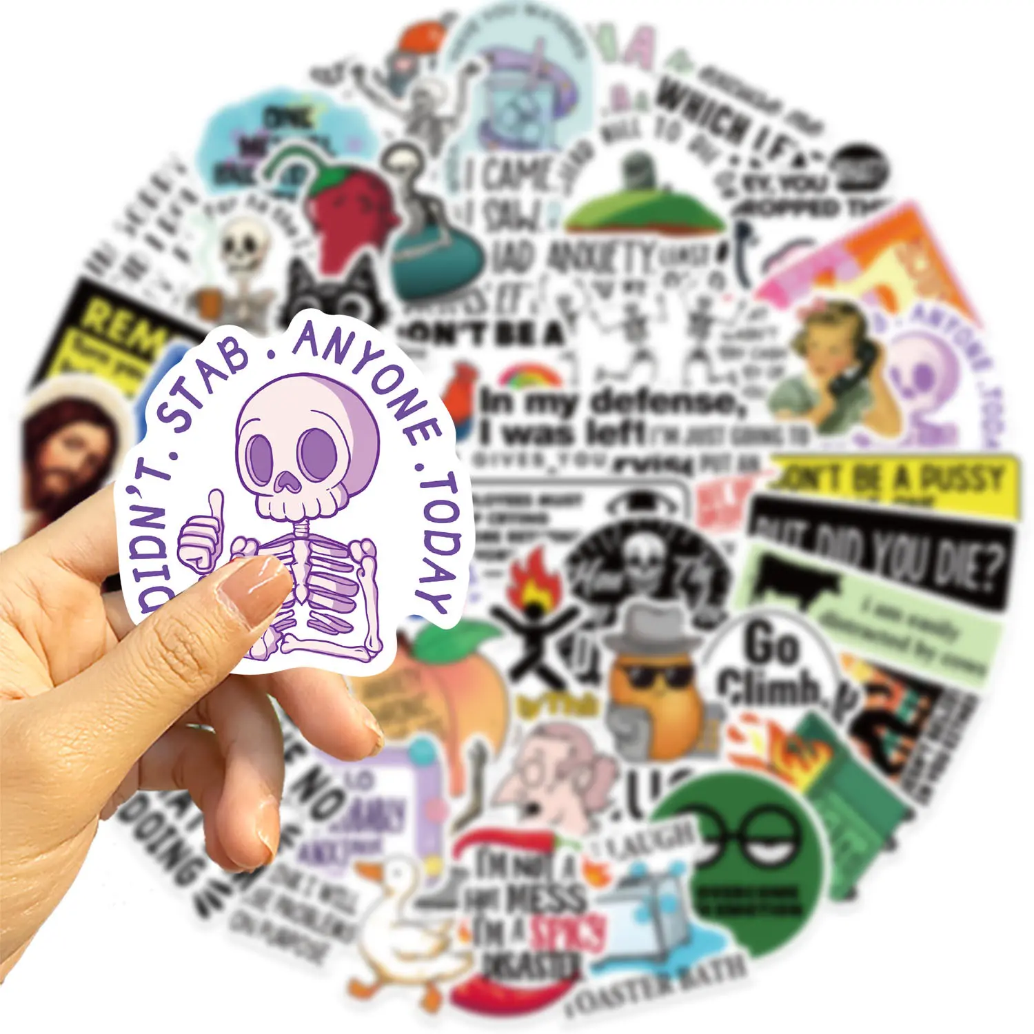 50-Pack Vibrant Humorous Satirical Graffiti Vinyl Stickers, Graphic Decal, Reusable Self-Adhesive for Laptops, Water Bottles & Luggage, Funny Designs, Sticker Packs