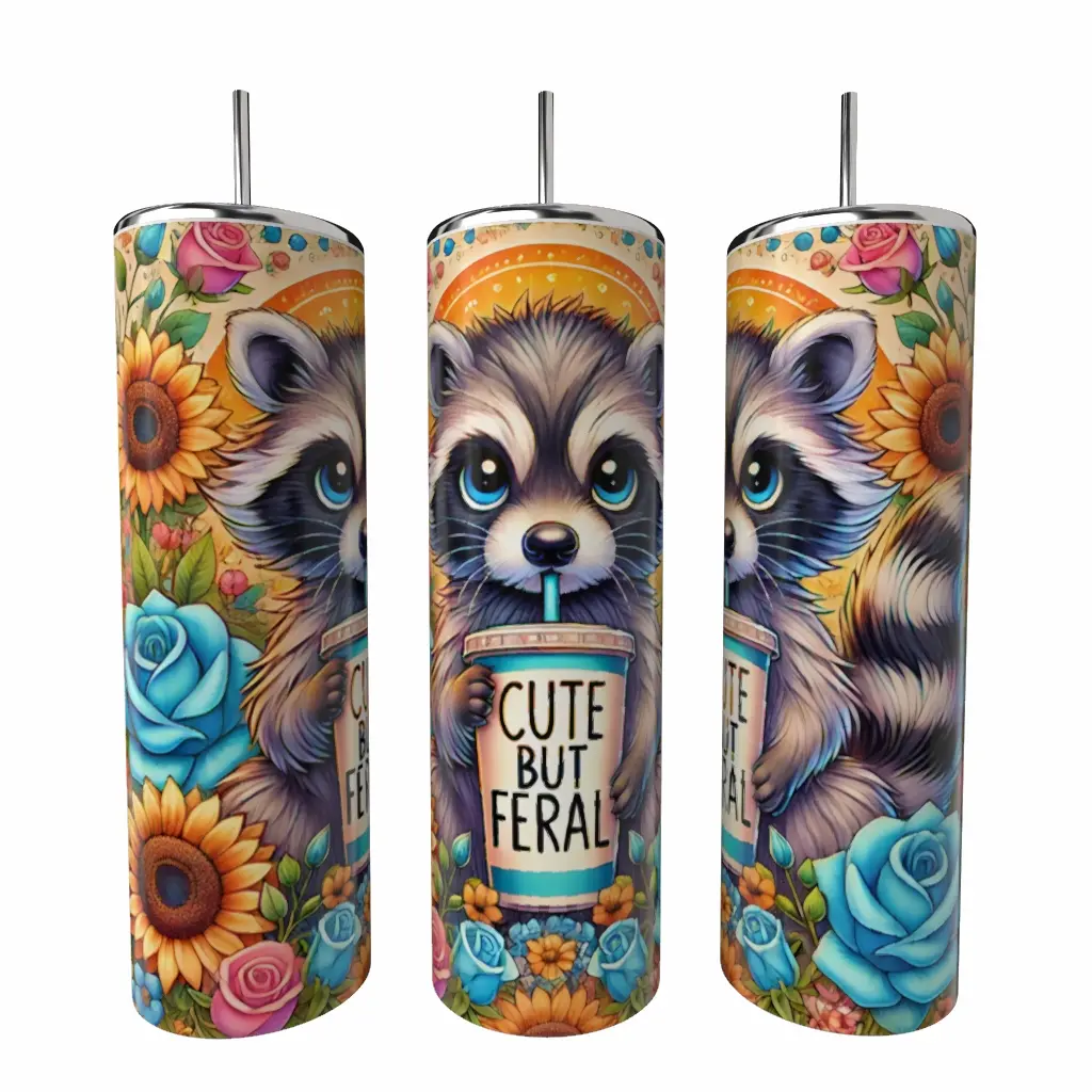 Sunflower Raccoon 20 Oz Tumbler - Vacuum Insulated Skinny Flask with Lid & Straw - Portable Drinkware for Hot Coffee & Cold Beverages - Customizable Name or Phrase
