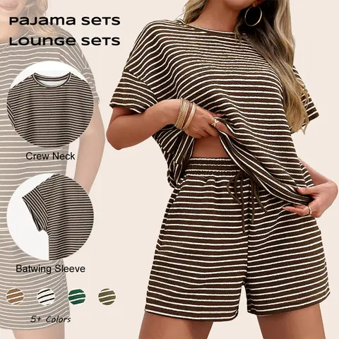 Imily Bela Womens Pajamas 2 Piece Lounge Sets Striped Short Sleeve T Shirts Drawstring Shorts Matching Set