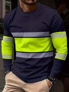 Men's Colorblock Fluorescent Long Sleeve T-Shirt, Stripes, Round Neck, Loose Fit, Casual Style, All Seasons