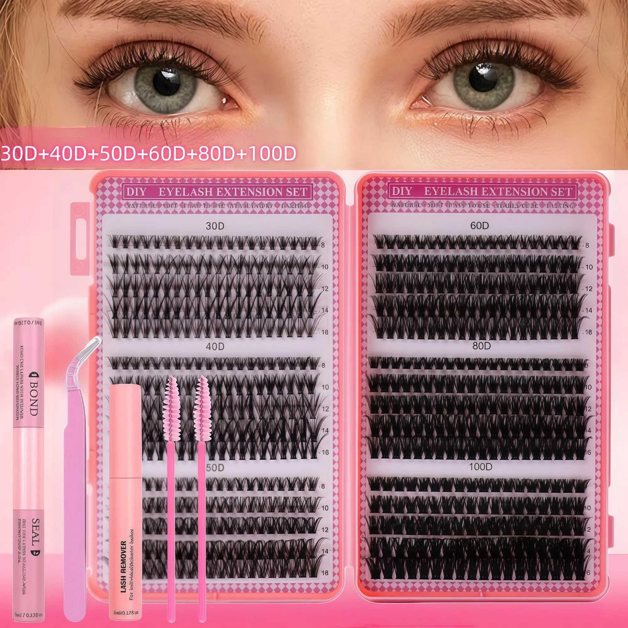 DIY Eyelash Extensions Lash Clusters Kit Eyelashes Extensions Kit 30-100D Volume Eyelash Extension Kit 8-16mm Thick Individual Lashes, Includes Lash Bond and Seal, Lash Tweezers and Brush, Eyelash Tools