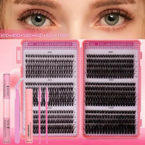 DIY Eyelash Extensions Lash Clusters Kit 30-100D Volume Eyelash Extension Kit 8-16mm Thick Individual Lashes, Includes Lash Bond and Seal, Lash Tweezers and Brush, Eyelash Tools, Eyelash Extension Supplies