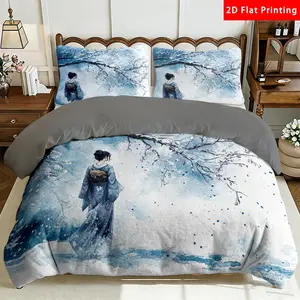 2/3 Pcs 2D Flat Japanese Style Geisha and Plum Blossom Milk Velvet Duvet Cover Set，Snowy Landscape Bedding Set Quilt Cover 1 Duvet Cover + 1/2 Pillowcases，Artistic Top Sheet Decorative Bedding Bedroom Decor The Preferred Pick for Bedding