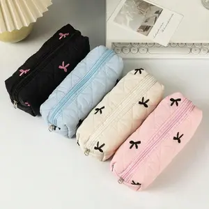 New Cute Bowknot Decor Large Capacity Student Pencil Case Ditsy Floral Pattern Desk Storage Pouch Portable Stationery Organizer