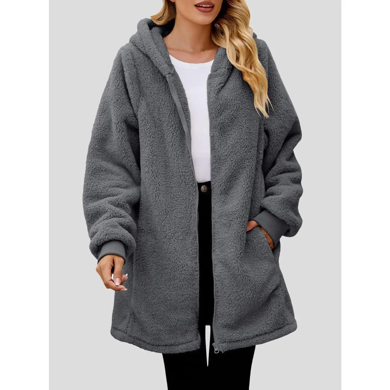 Fuzzy Pocketed Zip Up Long Sleeve Hooded Jacket