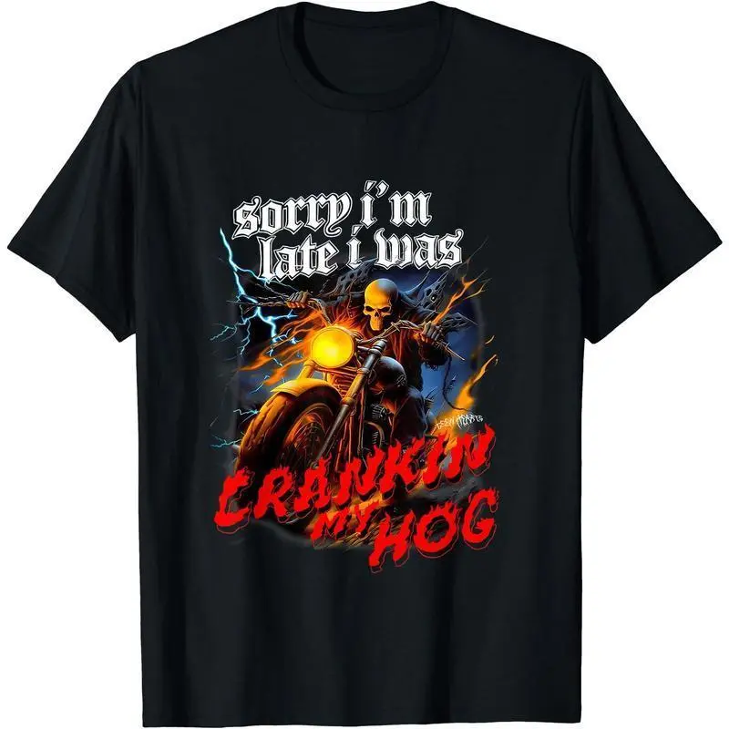 "Crankin' My Hog" Funny T-Shirt for Men, Retro Skeleton Motorcycle Graphic Tee in Thick Smooth 100% Cotton, Birthday Biker Gift for Father, Shortsleeve, Fabric, Men's T Shirts, Digital Print
