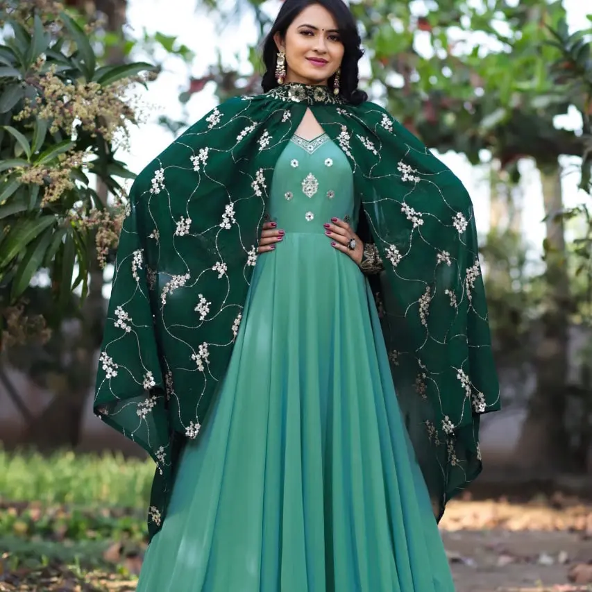 Green Georgette Silk Heavy Embroidery Work Gown - Evening Formal Evening Evening