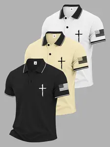 3-pack men’s summer short-sleeve cotton polo shirts with cross pattern prints and an American flag print, classic retro style, lightweight and versatile for sports, casual outdoor wear, and golf fashion; trendy black short sleeves—an ideal gift for a boyf