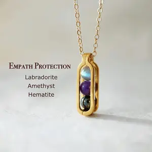 Empath Protection Crystal Necklace, Natural Labradorite Amethyst Hematite Bead Pendant Necklace, Minimalist Golden Floating Stone Cage Necklace, Calming Protective Daily Jewelry Gift for Women