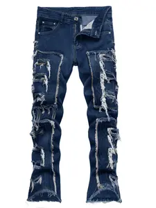 Men’s Y2K-style blue classic denim jeans with a slight flare, tassel, and patch appliqué.Men's Ripped Zipper Skinny Jeans