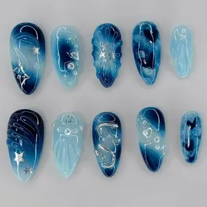 3D Wave Heart Pearl Star Nail Art Stickers, 24pcs Detachable Wearable Nails, European Style Trendy Design, Perfect for Any Occasion, Nail Art Supplies, Nail Decoration Supplies
