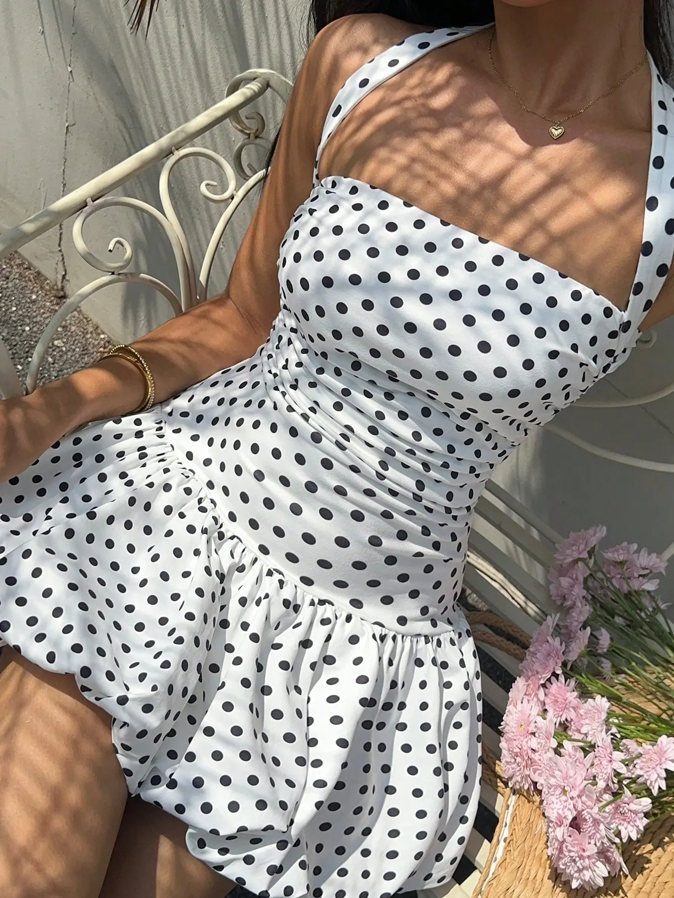 PMA Polka Dot Print Ruched Halter Backless Sleeveless Mini Dress Vintage Summer Outfit Beach Vacation Y2K