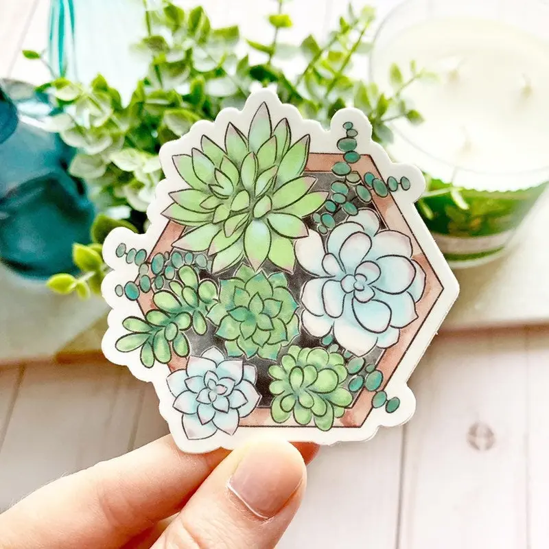 Elyse Breanne Design 3x3in Self-Adhesive Waterproof Vinyl Succulent Planter Sticker - Easy-Remove Office Stationery Accessory, Vinyl Decorative Decal, Automotive Decals for Cars/Bottles