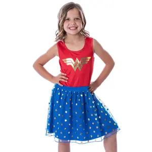 DC Comics Girl's Wonder Woman Logo and Stars Tank Nightgown Costume Pajama Dress
