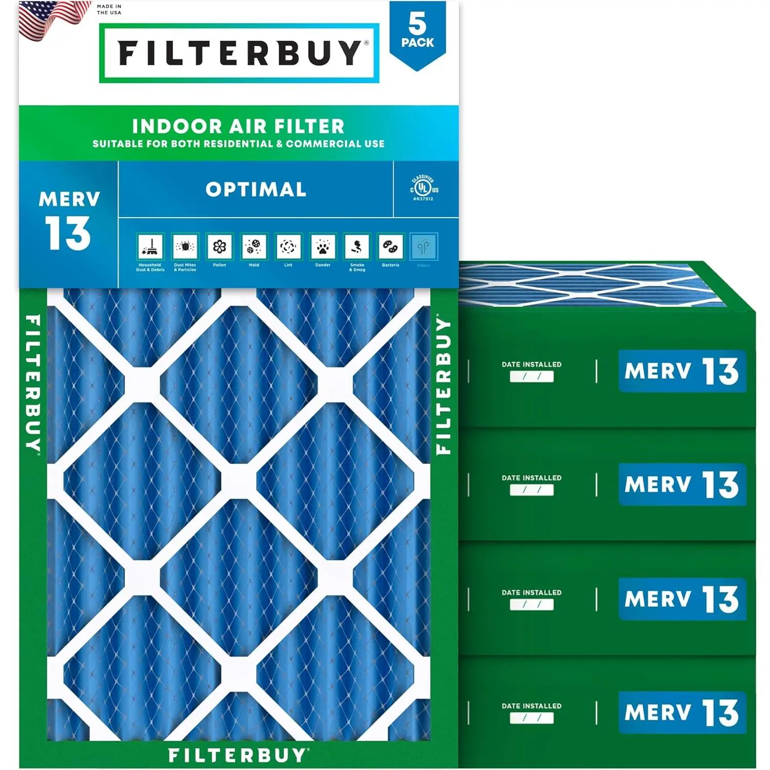 Filterbuy Rectangular Eco-Friendly 16x25x4 Air Filter (5-Pack), Pleated MERV 13 Optimal Defense HVAC AC Furnace Filters with Electrostatic Charge & Particle Capture (Actual Size: 15.5"x24.5"x3.63"), Residential/Commercial, Synthetic Media