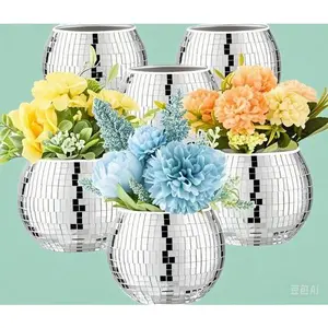 Silver Mirror Glass Vase for Wedding Centerpieces, Small Disco Ball Planter with Reflective Surface, Decorative Flower Holder for Birthday Party Decor, Reusable Tabletop Arrangement (3" X 4") Ornaments Decoration
