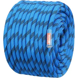 VEVOR 12.7mm Static Climbing Rope, 45.7M(150ft) Outdoor Rock Climbing Rope 32KN Breaking Tension, Fiber Rope with Steel Snap Hooks for Escape, Rappelling, Fire Rescue, Blue