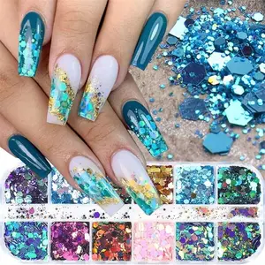 12-Color Glitter Nail Art Sticker, 1 Box Hexagon Shaped Sequins Nail Art Decorations, DIY Shiny Nail Art Decoration for Women & Girls