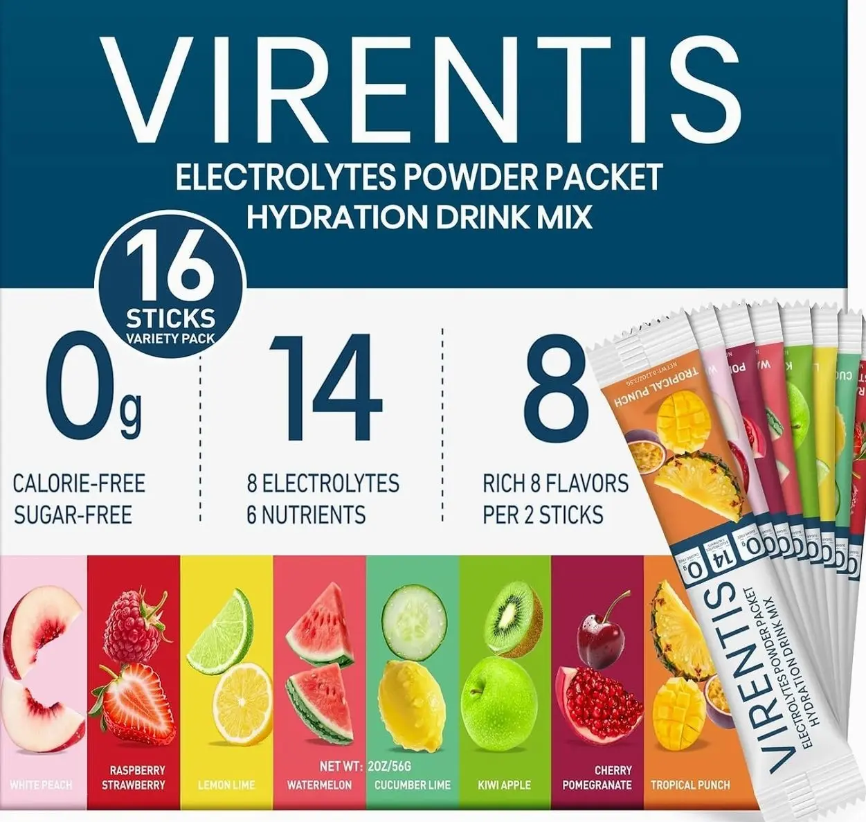 16 Sticks Electrolytes Powder Packets Sugar Free Hydration Packets, 8 Flavors Liquid Daily IV Electrolyte Drink Mix for Rehydration with 8 Electrolytes & 6 Vitamins, 0 Calorie, Low Sodium