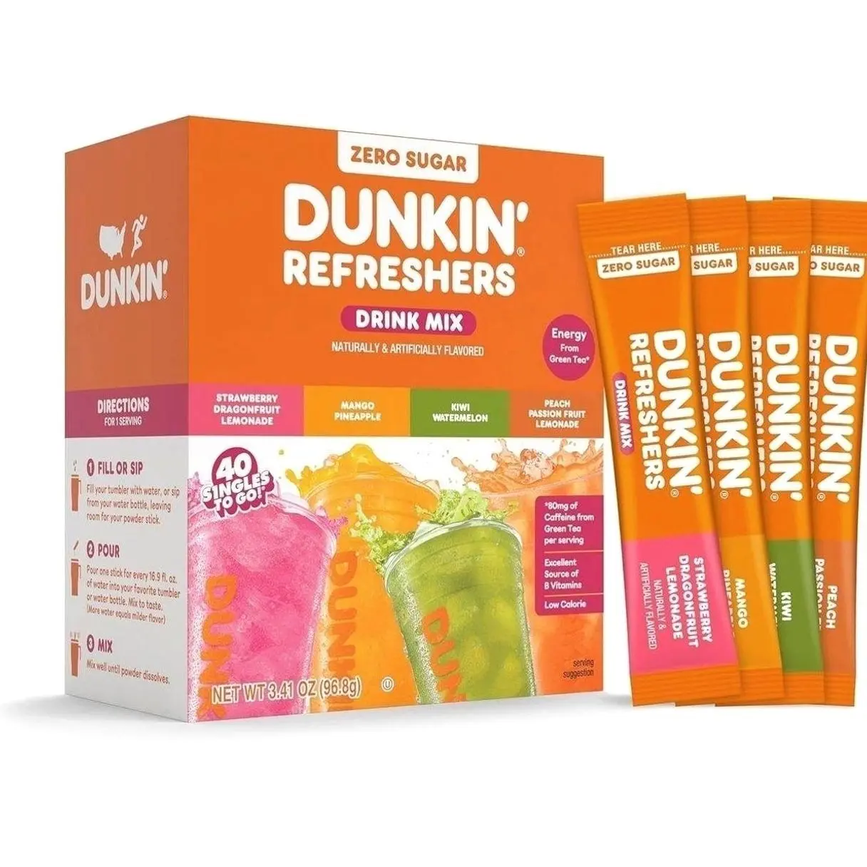 Dunkin’ Zero Sugar Refreshers Singles To Go! Powdered Drink Mix, 40 Ct Variety Pack, Energy from Green Tea, Aspartame-Free, Just Add Water