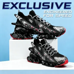 Men's Trendy Woven Knit Breathable Blade Type Running Shoes with 28 Polymer Blades Shock Absorption Comfy Non Slip Durable for Sports & Outdoor Activities Great Gift for Fitness Enthusiasts