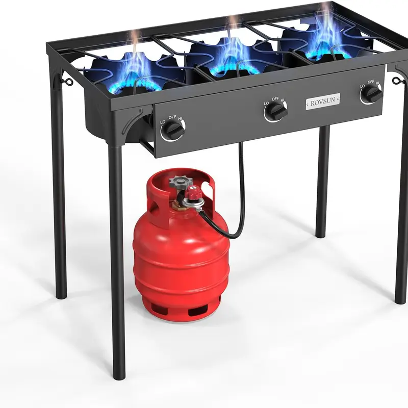 ROVSUN 1/2/3-Burner High Pressure Propane Gas Stove - 75000/150000/225000 BTU Portable Camping Stove with CSA Listed Regulator, Cast Iron Heads, Adjustable Firepower, High Pressure Valve, Burner Bracket for Outdoor Cooking Station, Camping Accessories, Th
