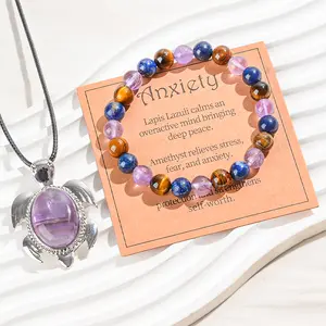 2PCS/Set Amethyst Turtle Necklace Yellow Tiger, Lapis Lazuli Bracelet with Wish Card for Mother, Girlfriend, Friend, Best Gift for Woman, Christmas Gift