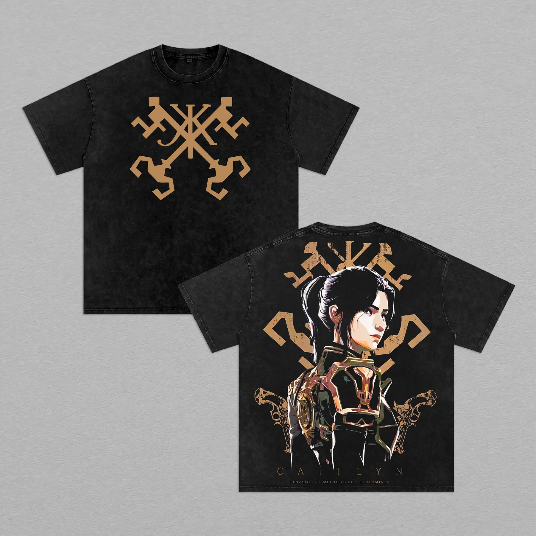 Caitlyn Kiramman Arcane Tee – Caitlyn Kiramman Vintage Washed T-Shirt | Piltover Sheriff | Enforcer | Rifle Marksman | Arcane League of Legends Graphic Tee | Heavy Cotton Unisex Oversized Streetwear Top
