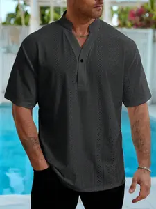 Men's Plus Size Vacation Hollow-Out Stand Collar Short Sleeve Loose Fit Design Casual Shirt, Breathable Lace Eyelet Henley Shirt for Tropical Summer Beach Holiday Daily Wear Top