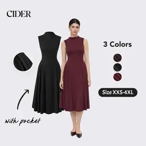 Cider High Neck Solid Ruffle Pocket Midi Dress - Fits Phone & Keys