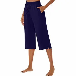 Womens Capri Pants Loose Yoga Pants Wide Leg Drawstring Comfy Lounge Pajama Capris Sweatpants with Pockets