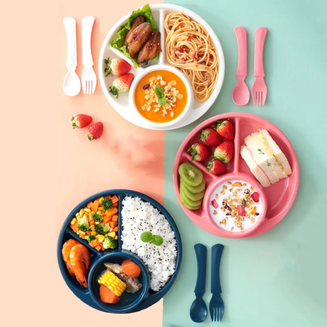 3-Piece Divided Dinner Plate Set, Portion-Control Dinner Plates for Adults, Corning Divided Dinner Plates, Salad and Fruit Serving Plates, Lightweight Reusable Easy Cleanup Tableware, Lightweight Design