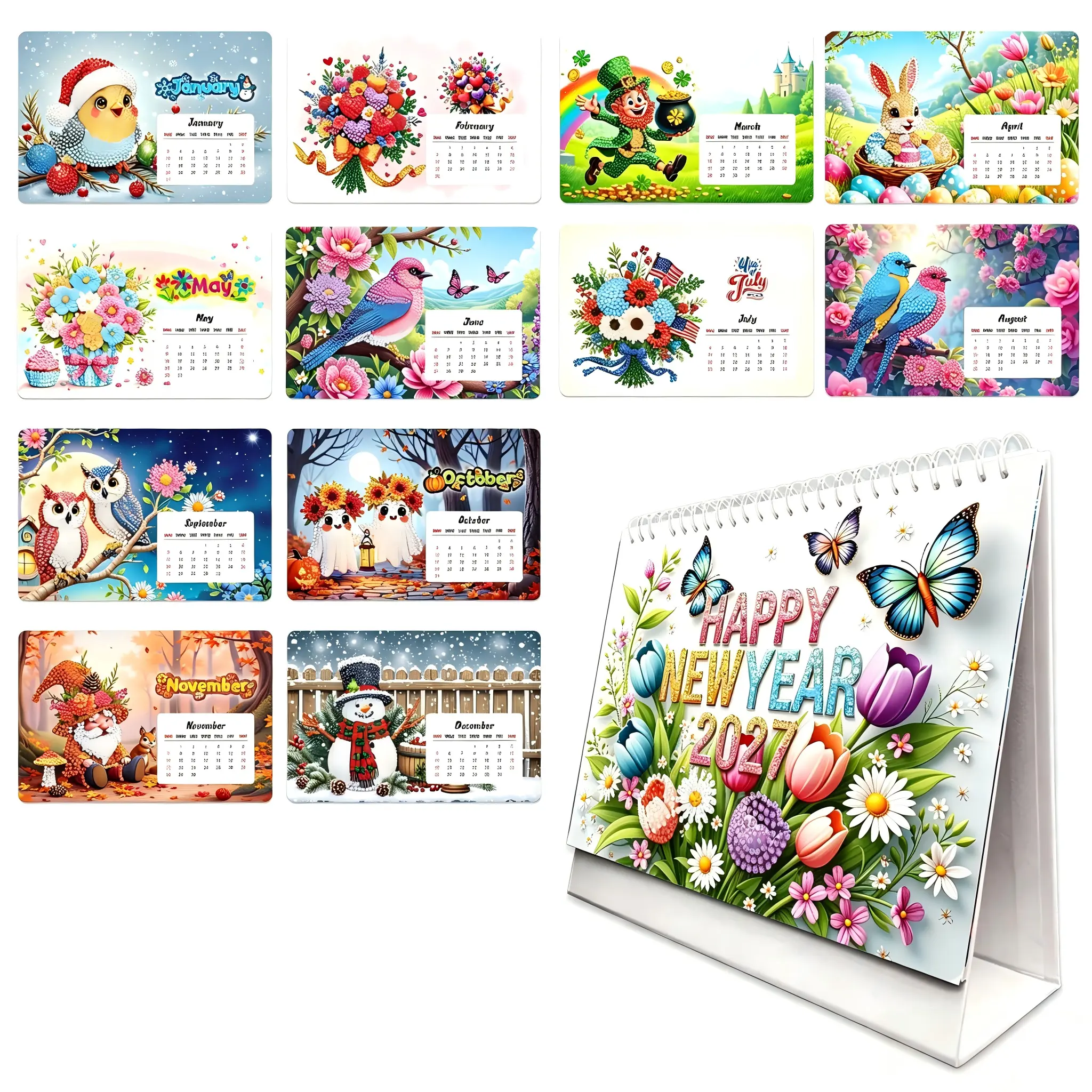 2027 DIY Diamond Painting Desk Calendar, Cute Pet & Floral Rhinestone Paper Designs, 12 Exclusive Illustrations (Jan-Dec), Markable Schedule Area, Dual-Use Handmade Craft & Home Table Ornament, Christmas Holiday Art Gift, 2027 Diamond Painting Desk Calend