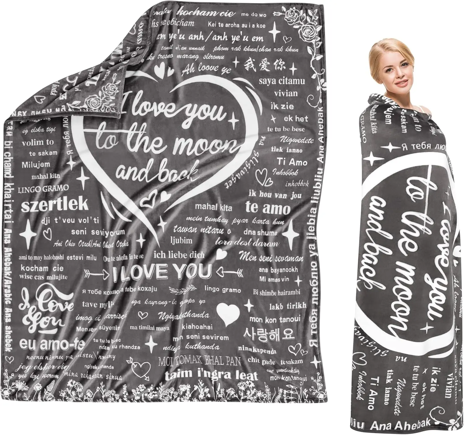 60x70 in Romantic Soft Throw Blanket with 100-Language "I Love You" Love Shapes - Christmas Gift for Female Mom from Daughter Son (Bedding & Linen Textile), Valentine