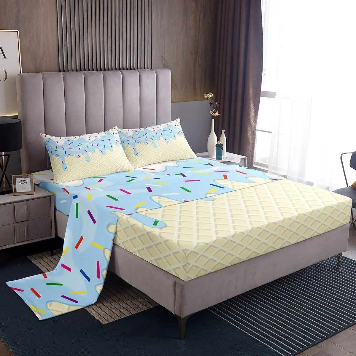 Ice Cream Sheet Set,Kids Blue White Cream Cake Bed Sheets Set,Colorful Candy Bedding Set for Boys Teens Sheets Soft Room Decor (1 Flat Sheet+1 Fitted Sheet )
