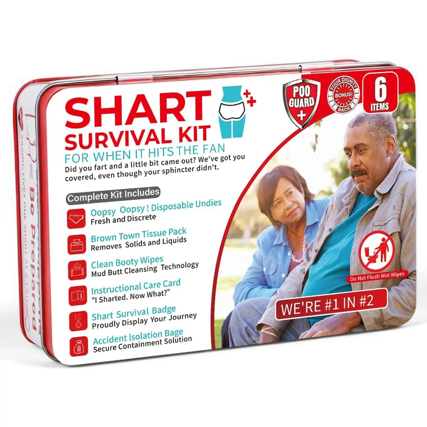 Funny Shart Survival Kit, Ultimate Poop Prank Humorous Gag Gift Set Contains Wet Wipes, Disposable Underwear, Tissues and Hilarious Badge. Novelty Fart Potty Pack Creative Prank Gift Great for Friends or Family