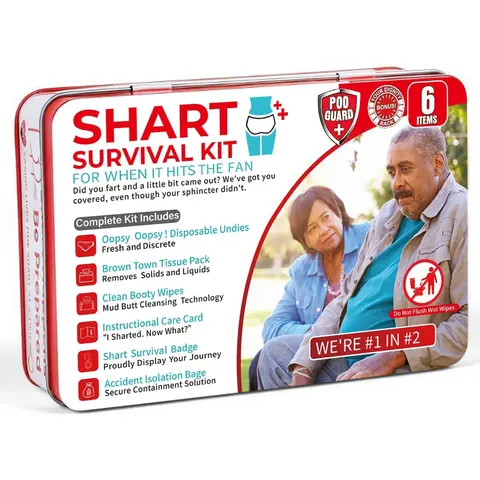 Funny Shart Survival Kit, Ultimate Poop Prank Humorous Gag Gift Set Contains Wet Wipes, Disposable Underwear, Tissues and Hilarious Badge. Novelty Fart Potty Pack Creative Prank Gift Great for Friends or Family