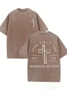 GLEC First Seek The Kingdom Of God, God Is Worthy Of Your Faith, Believe In Christianity, Classic Retro Fashion High Street Cross Popular Letter Pattern Printing Boutique 230g Washed Cotton T-Shirt, Men's Summer High-Quality Print