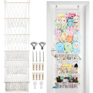 5 Tier Stuffed Animal Storage Shelf Net 17x61 Inch Large Plushie Net w LED Light and Clips for Mini Medium Stuffy Teddy Beige Boho Macrame Wall Toy Holder Display for Nursery Girls Boys