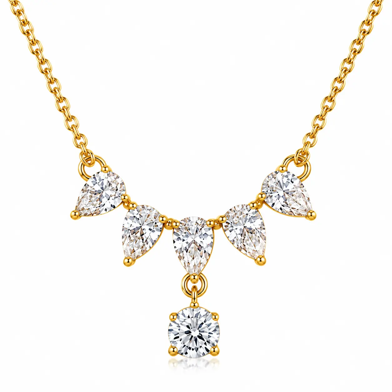 Elegant Gold Chain Necklace with Pear-Shaped and Round Diamonds for Women's Jewelry