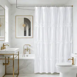 Ruffled Fringe Shower Curtain, 72x72 Inch Polyester Fiber, Artistic Patchwork Design, Eyelet Holes for Easy Hanging