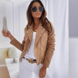 Autumn and winter women's leather suede zipper button decoration slim casual jacket Womenswear Coats