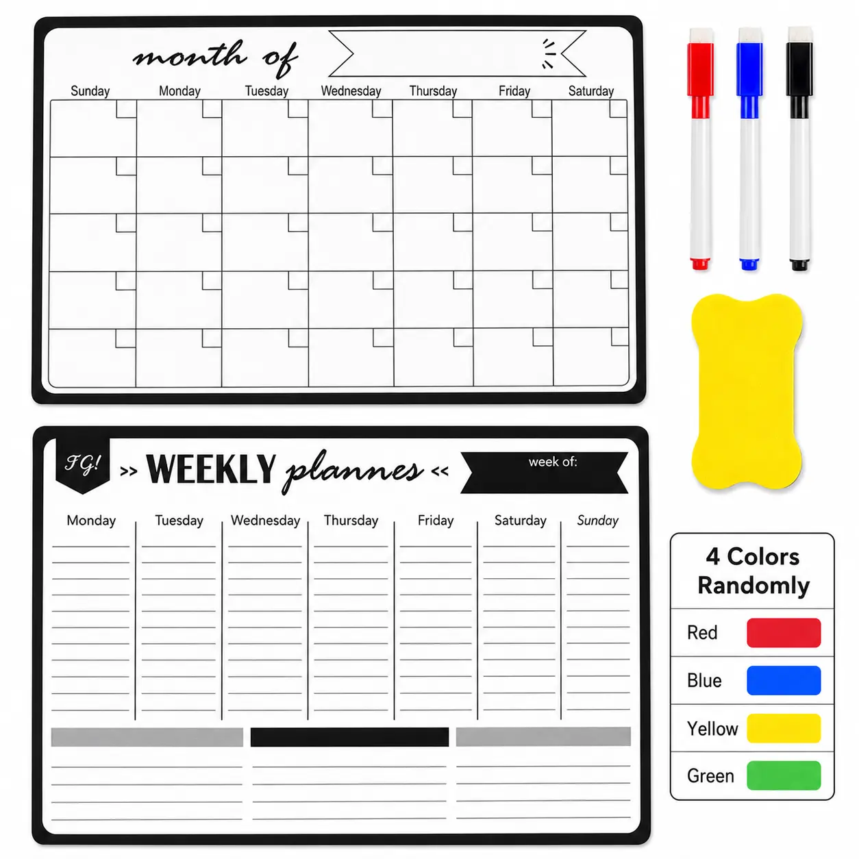 2-piece magnetic planner board set (includes 1 monthly calendar + 1 weekly calendar, 3 colored pens, and 1 eraser), office stationery with marker and eraser — easily organize monthly office supplies and personal planning