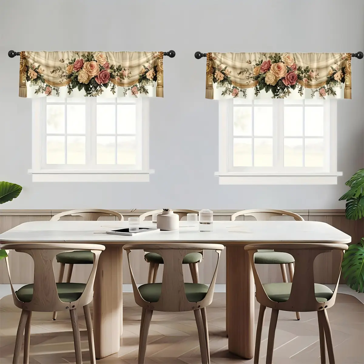 2 Panels Vintage Rose Floral Valance Curtains for Dining Room, Elegant Flower Swag Window Topper with Rod Pocket, Farmhouse Style Decorative Drapes