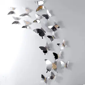48 count Butterfly Wall Decor DIY  Mirror Butterfly Stickers Removable  Crafts for Birthday Party Bedroom School Bathroom Living Room Decor(Sliver)