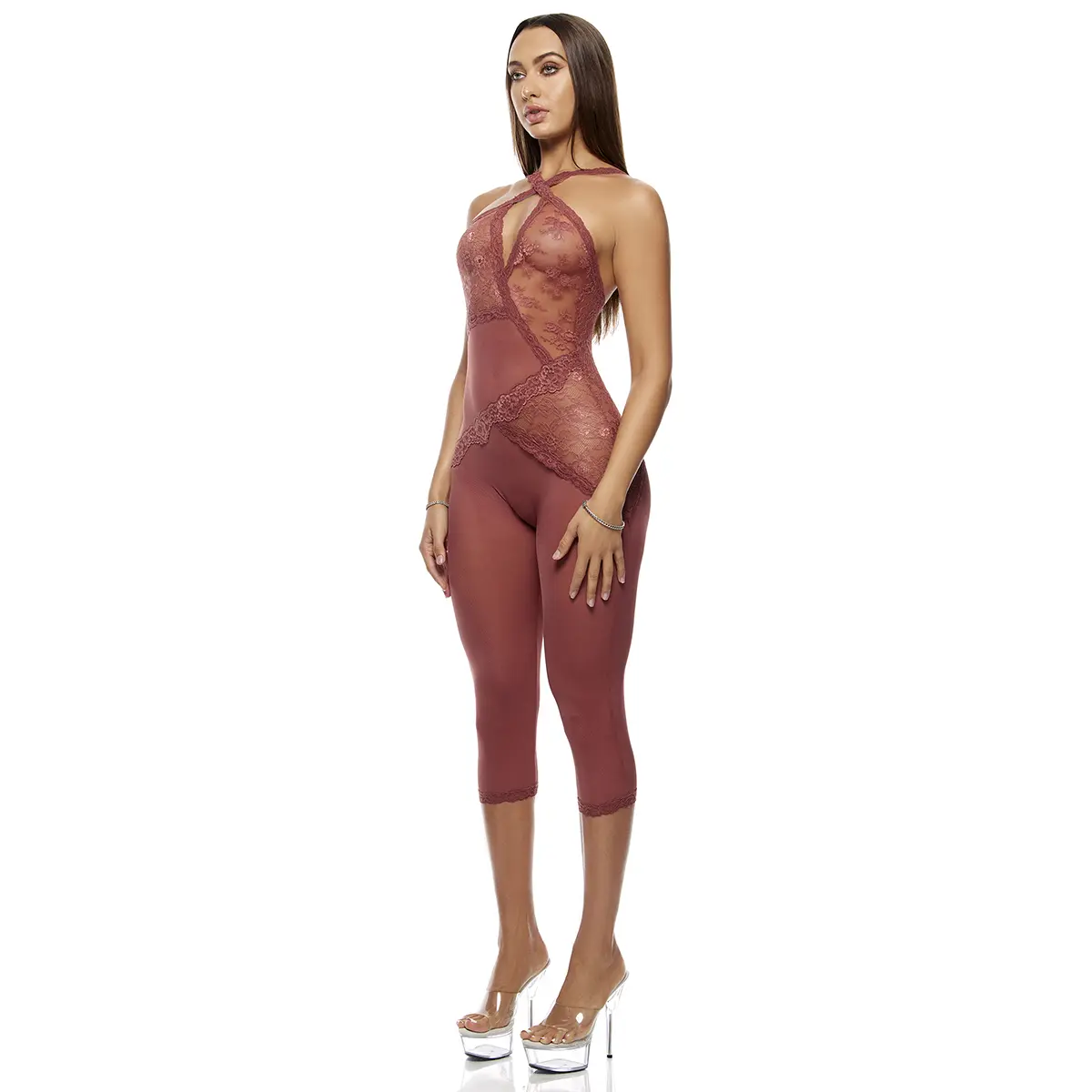 Forplay Patch of Petals Lace Capri Catsuit - Spice