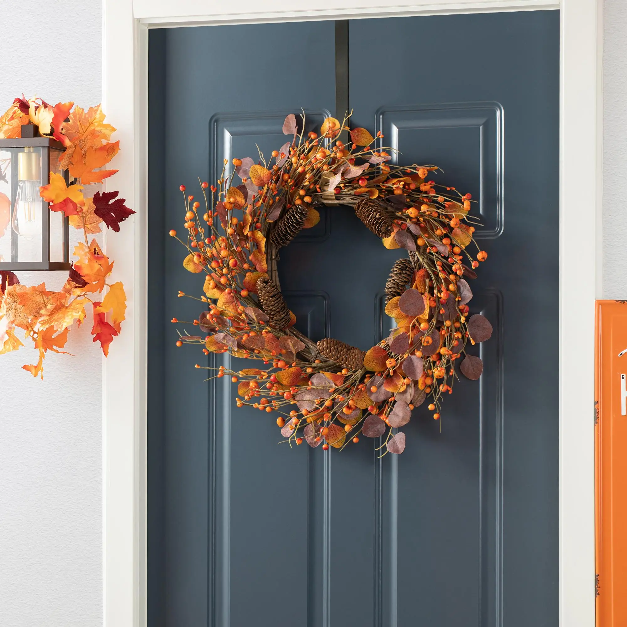 Glitzhome 22"D Fall Eucalyptus Berry Wreath Includes a Complimentary Black Metal Wreath Hanger