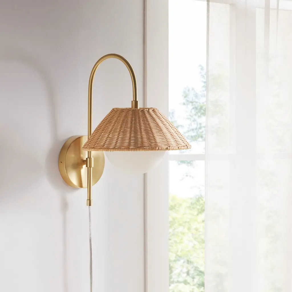 Handwoven Bamboo Rattan Plug-In Wall Sconce with On/Off Switch – Natural Boho Light Fixture for Bedroom, Living Room, Hallway, Entryway, Farmhouse Decor
