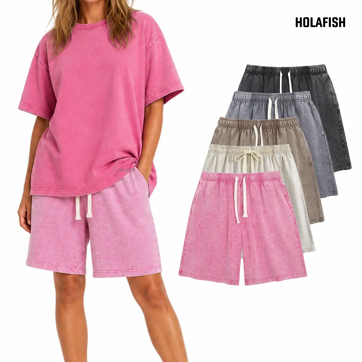 Holafish 1PC Retro Acid Wash Basic Unisex Tee & Shorts Cotton,7" Inseam Shorts Breathable Casual Summer Outfit for Men & Women,Comfortable for All Genders,Loose Fit Unisex Tshirt Shorts Short Sleeve Casual Streetwear Basic Tops Crewneck